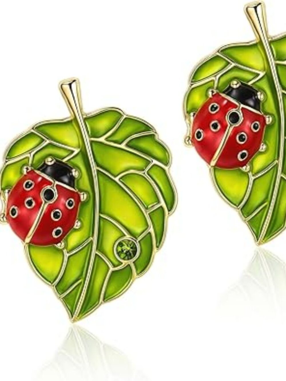 Cute Ladybug on a Leaf Earrings Embellished with a Green Stone for Cuteness